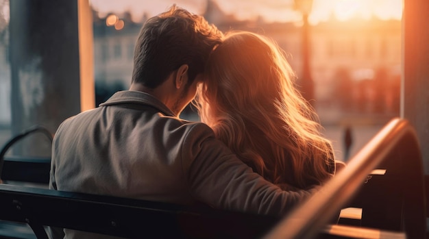Młoda zakochana para siedzi na ławce przed wschodem słońca z widokiem na miasto