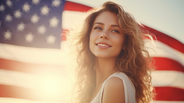 Zdjęcie młoda, zamyślona podróżniczka w zwykłych ubraniach i chustce z amerykańską flagą.