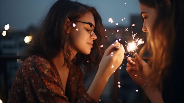 Młode damy dmuchające konfetti z rąk Przyjaciele świętują wieczorem na tarasie Generative AI
