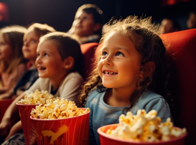 Zdjęcie młode dzieci uśmiechające się czekające z popcornem w kinie