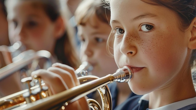 Młode dziewczęta grające na instrumentach muzycznych podczas występu szkolnego zespołu