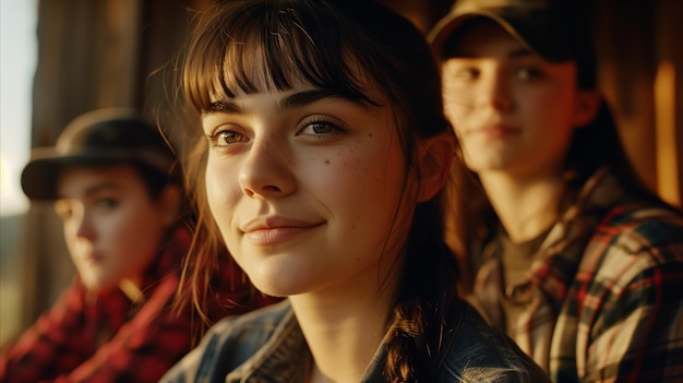 Zdjęcie młode dziewczyny siedzące na boku z uśmiechem na twarzy