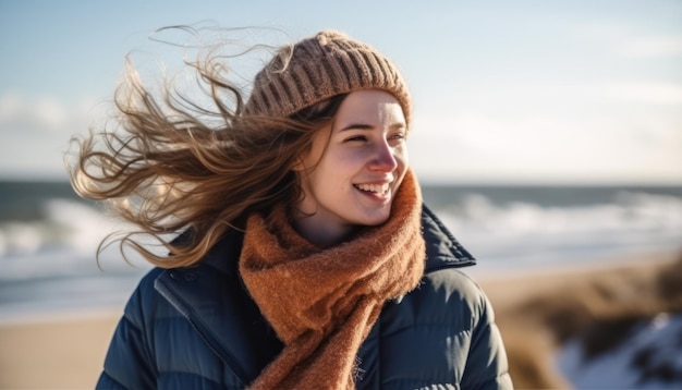 Młode kobiety czują zimny wiatr na plaży