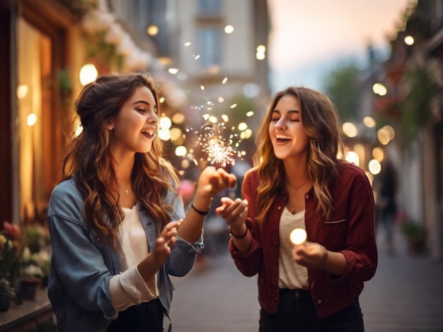 Zdjęcie młode kobiety dmuchają konfetti z rąk przyjaciele świętują na świeżym powietrzu wieczorem na tarasie