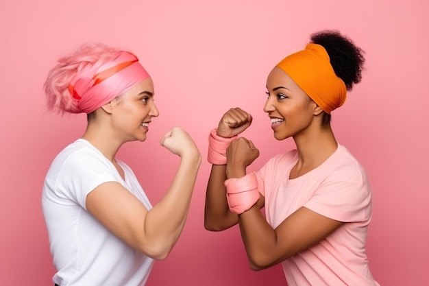 Młode kobiety gotowe do walki z rakiem piersi Generatywna ilustracja AI