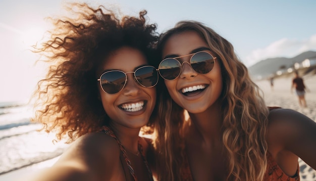 Młode kobiety na plaży robią selfie i śmieją się