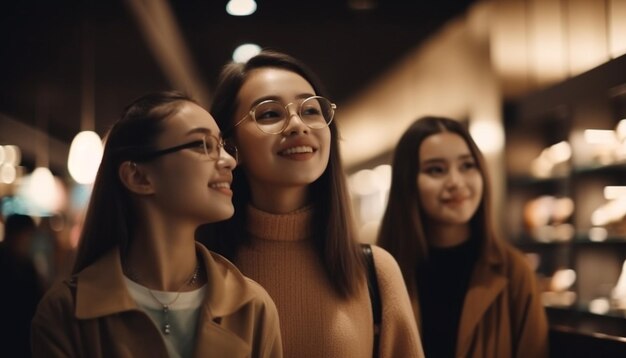Młode kobiety uśmiechają się, ciesząc się życiem nocnym z przyjaciółmi generatywną sztuczną inteligencją