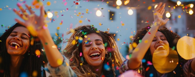 Młode kobiety uwalniają konfetti na tarasie, świętując radość.