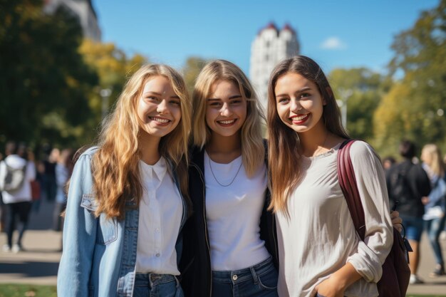 młode koleżanki, studentki uniwersytetu, cieszące się słonecznym dniem w kampusie uniwersytetu