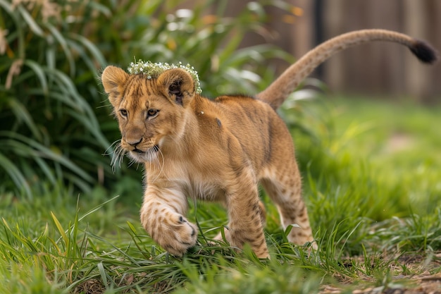 Młode lwie z małą koroną kwiatową bawiące się ogonem
