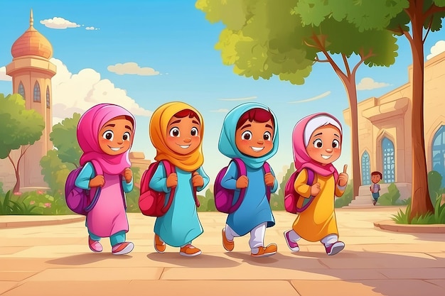 Młode muzułmanie z kreskówek idą do szkoły.