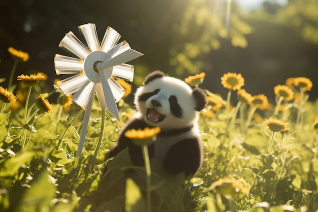 Zdjęcie młode panda bawiące się wiatrakiem z liści bambusa