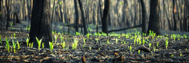Zdjęcie młode rośliny oświetlają spalony krajobraz znakiami nowego wzrostu