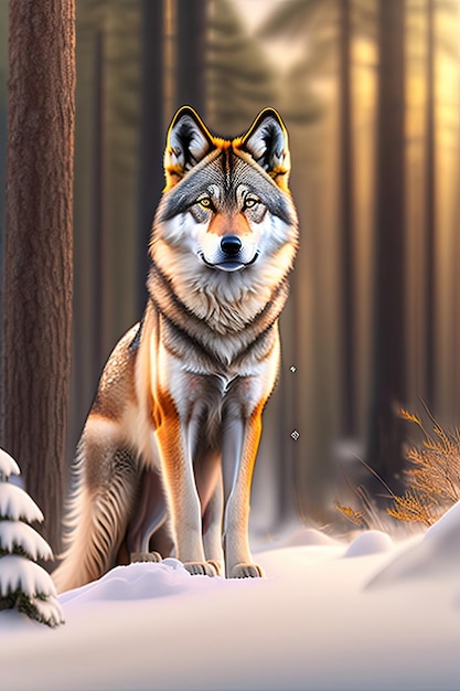 Młode wilki szare w zimowym lesie Nawiązywanie kontaktu wzrokowego Śnieżny krajobraz Sztuka cyfrowa
