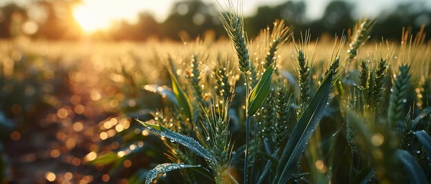 Młode zielone kolce pszenicy dotknięte łagodnym światłem świtu posypane poranną rosą