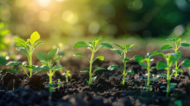 Młode zielone sadzonki rozwijają się w nasłonecznej glebie, symbolizując wzrost
