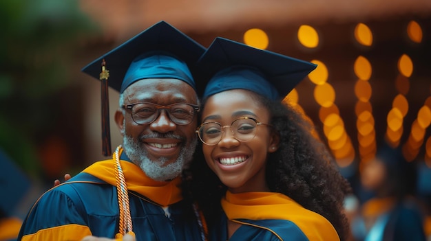 Zdjęcie młody absolwent w czapce i szlafroku ojciec i córka czarni ludzie z dumą trzymający dyplom