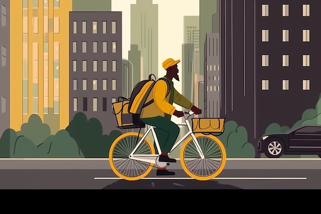 Młody afro dostawca na rowerze ilustracja płaska AI generowana