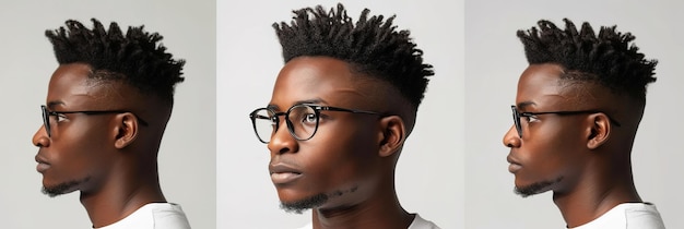 Młody afro mężczyzna z okularami w różnych kątach i gestach
