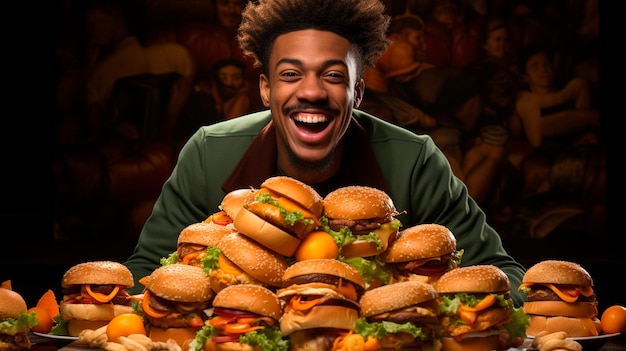 Młody Afroamerykanin jedzący hamburger w restauracji fast food