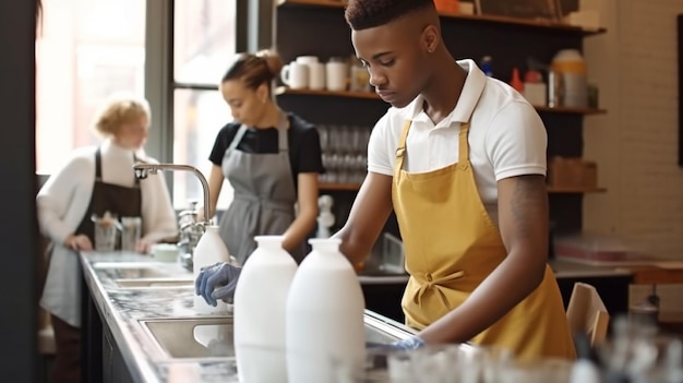 Młody Afroamerykanin w fartuchu rozpoczyna pracę w małej kawiarni, wycierając stoliki dla klientów Generative AI