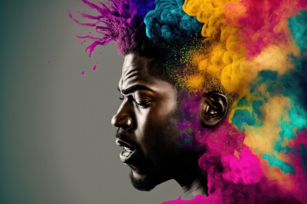 Młody Afroamerykanin z głową eksplodującą w kolorowym proszku do malowania