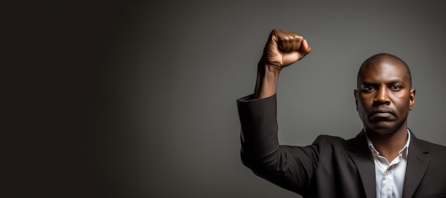Młody afroamerykański biznesmen pokazujący biceps na szarym tle