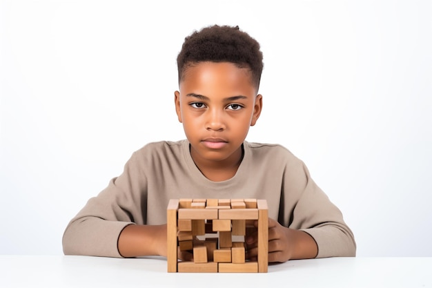 Młody afroamerykański chłopiec z drewnianą układanką koncepcja zdrowia psychicznego dziecka zaburzenia spektrum autyzmu świadomość koncepcja edukacja na białym tle kopiować przestrzeń