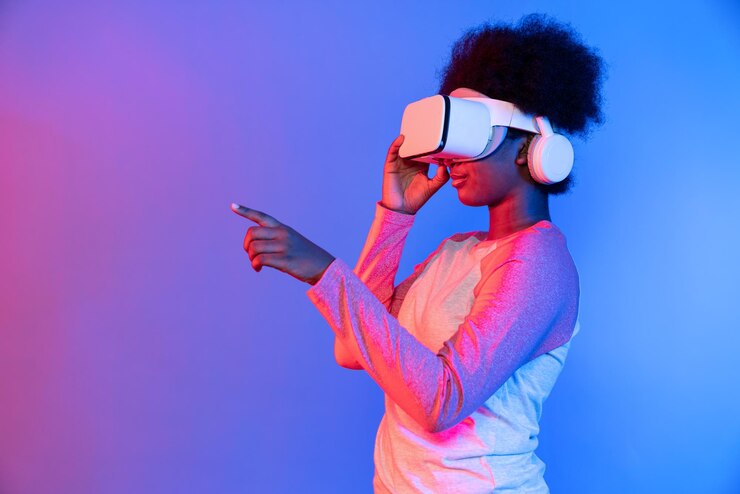 Zdjęcie młody afrykanin noszący vr za pośrednictwem meta select 3d hologram data app contrivance