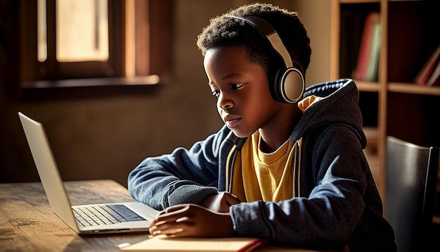 Młody Afrykanin w wieku od 10 do 12 lat siedzi przy drewnianym biurku w słuchawkach i uczy się na laptopie Generative AI