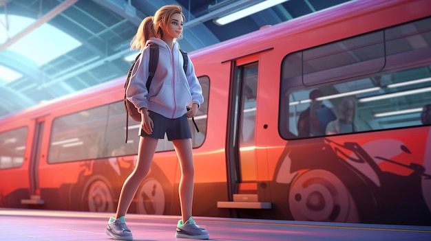Młody animowany bohater z plecakiem idący po peronie dworca kolejowego