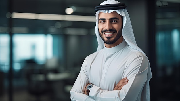 Młody Arab uśmiecha się pewnie stojąc z skrzyżowanymi ramionami gestem w biurze
