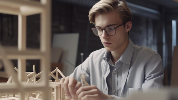 Młody architekt o zdeterminowanej twarzy pracujący z modelem budynku w kreatywnym biurze Generative AI AIG21