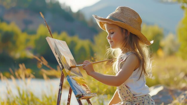 Zdjęcie młody artysta maluje na sztalupie na łące otoczonym krajobrazem naturalnym