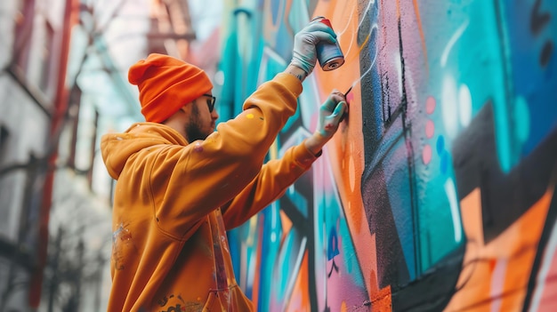 Młody artysta w jasnopomarańczowym czapce i pasującym do niego sprayem na kapturze maluje kolorowy mural na ceglanej ścianie