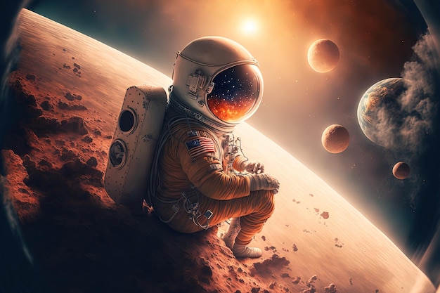 Młody astronauta krążący wokół planety