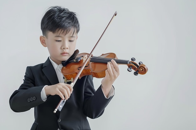 Młody Azjat w czarnym garniturze pojawił się grając na skrzypcach na białym tle.