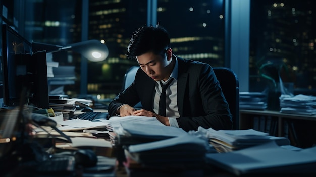 młody azjatycki biznes pracujący w nadgodzinach w ciemnym biurze