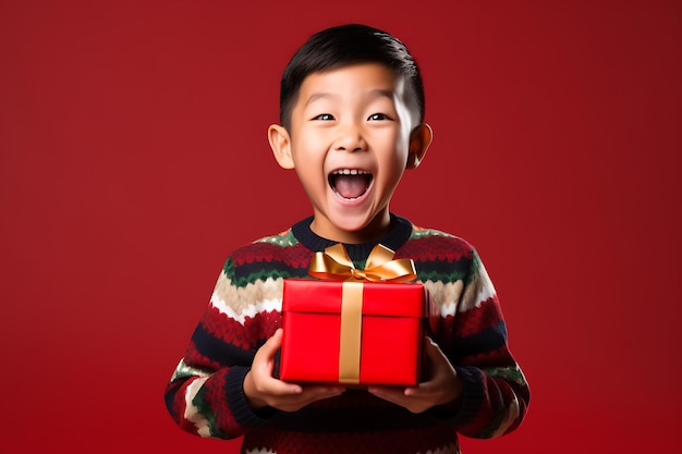 Młody azjatycki chłopiec w przytulnym świątecznym swetrze otwiera prezent z podekscytowaniem