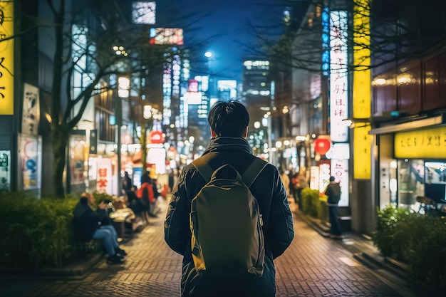 Młody azjatycki mężczyzna pracujący na świeżym powietrzu w japonii z laptopem