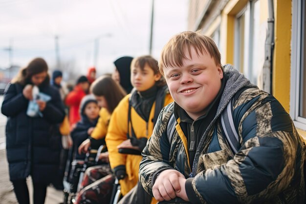 Zdjęcie młody biały nastolatek z zespołem down uśmiecha się na ulicy na tle innych ludzi światowy dzień chorób genetycznych i koncepcja zespołu down