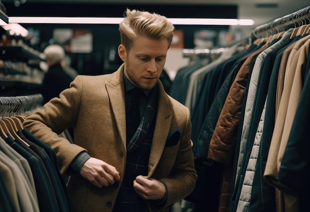 Zdjęcie młody biznesmen, który odniósł sukces, wybiera kurtkę w sklepie z reprezentacyjnymi ubraniami dla mężczyzn butik garniturów biznesowych koncepcja konsumpcjonizmu