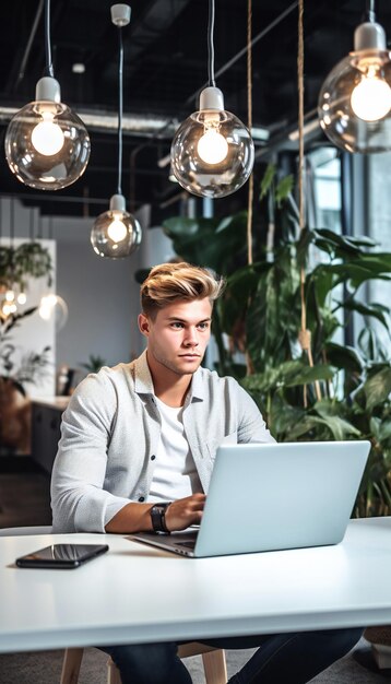 Młody biznesmen pracujący na laptopie w nowoczesnym, jasnym coworkingu