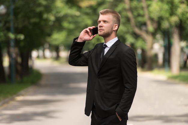 Młody biznesmen rozmawia przez telefon, stojąc na zewnątrz w parku