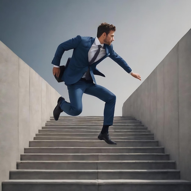 Młody biznesmen skaczący po schodach na szarym tle koncepcja sukcesu i wzrostu