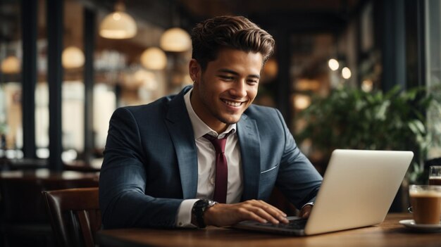 Młody biznesmen w kawiarni pisze na laptopie z jasnym uśmiechem na twarzy