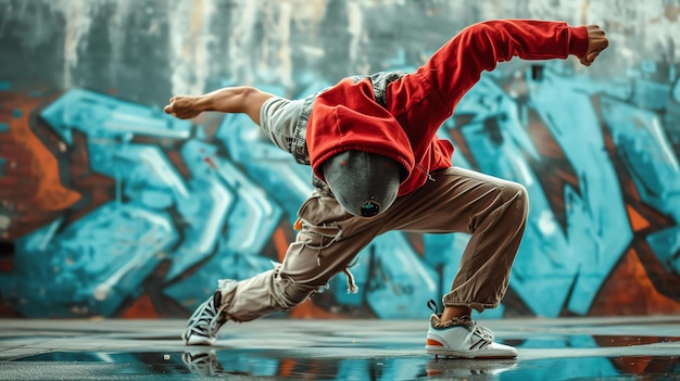 Zdjęcie młody breakdancer wykonuje ruch zamrażania na mokrej powierzchni przed ścianą graffiti ma na sobie czerwony kaptur z szarą czapką i brązowe spodnie