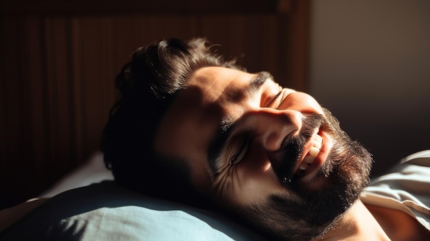 Młody brodaty mężczyzna leżący w łóżku w domu Generative AI