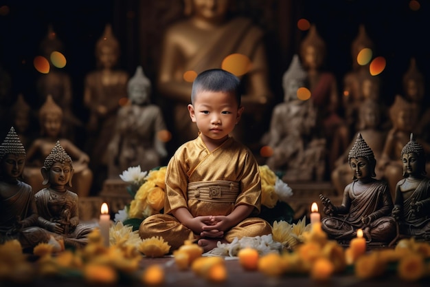 Młody Budda siedzi w ogrodzie z lotosem i świecami Tło dla obchodów festiwalu vesak
