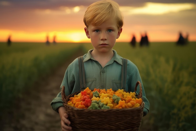 Młody chłopak niosący przez pole kosz z jedzeniem